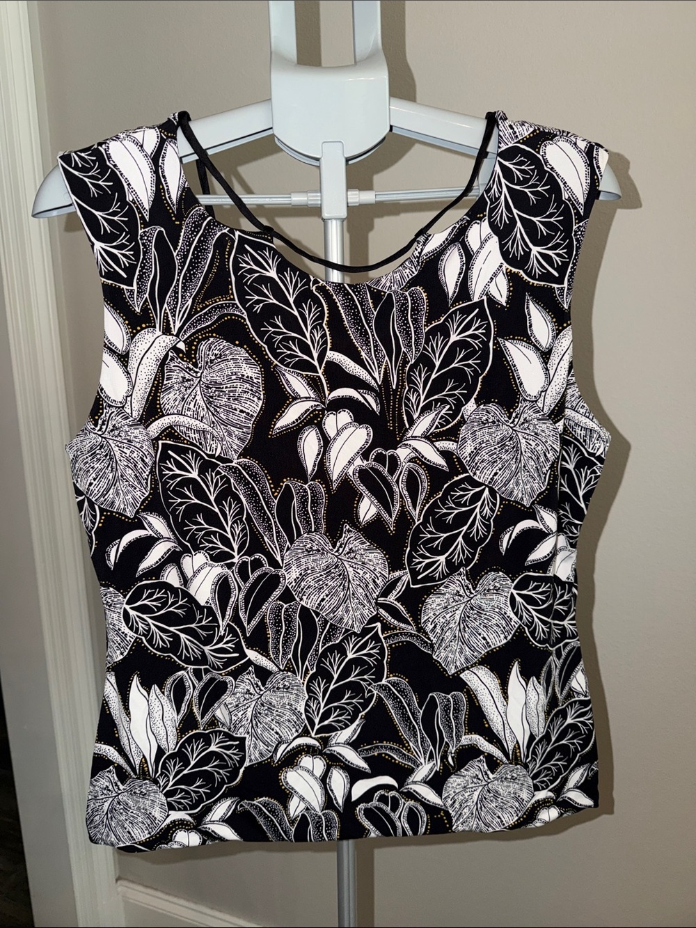 White House Black Market Black Dress with White and Gold Print